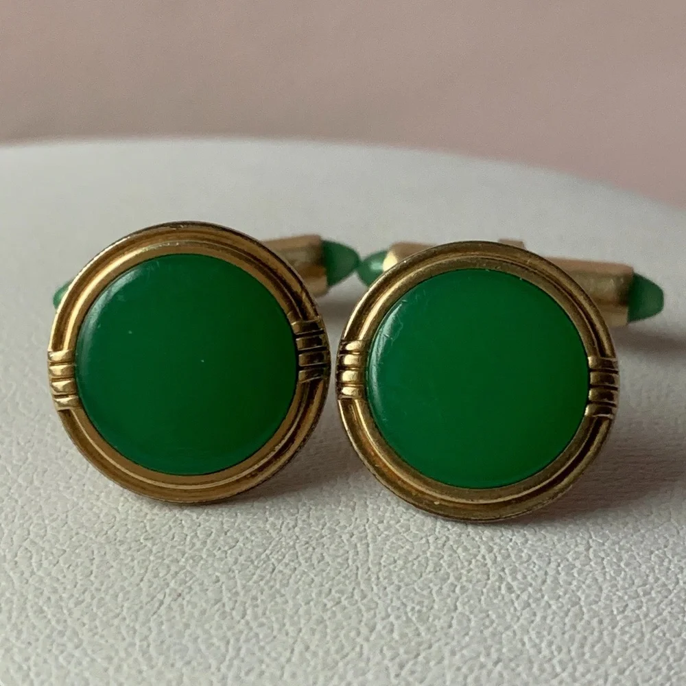 Vintage Green Krementz Gold Filled Cuff Links